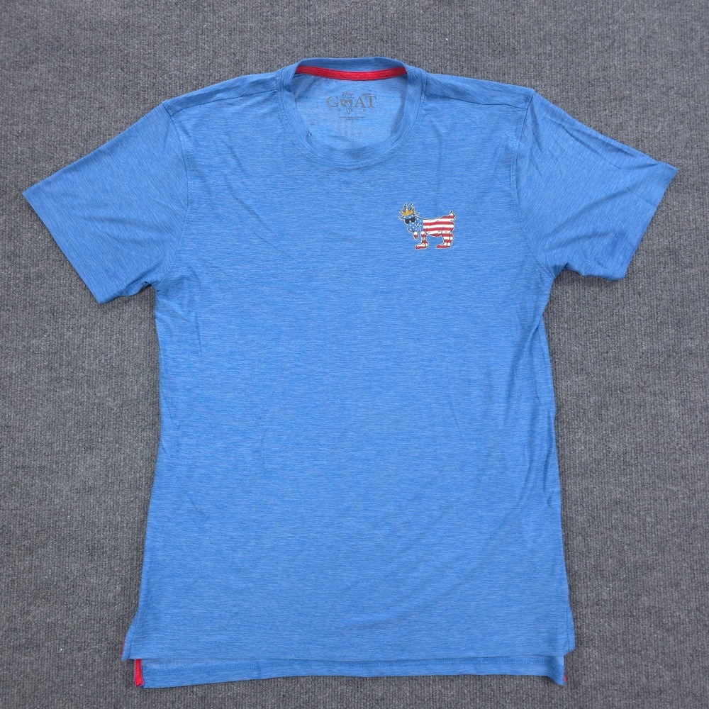 GOAT USA Shirt Mens Medium Blue Crew Neck Stretch Patriotic Graphic Casual Y2K